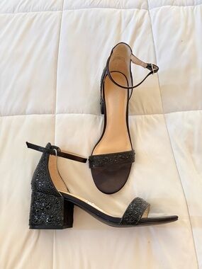 Betsey Johnson Black Beaded Block Heel Sandals